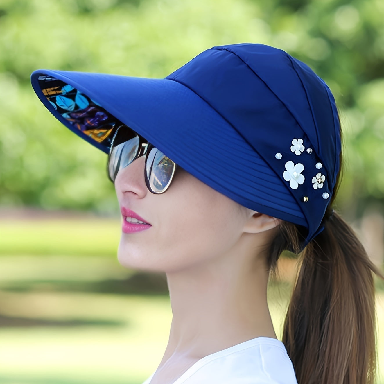 Wide Brim Sun Visor Foldable Picnic Hat Beach UV Protection Scallop Cap For Outdoor With Faux Pearl & Flower; Women's Hat & Caps Doba